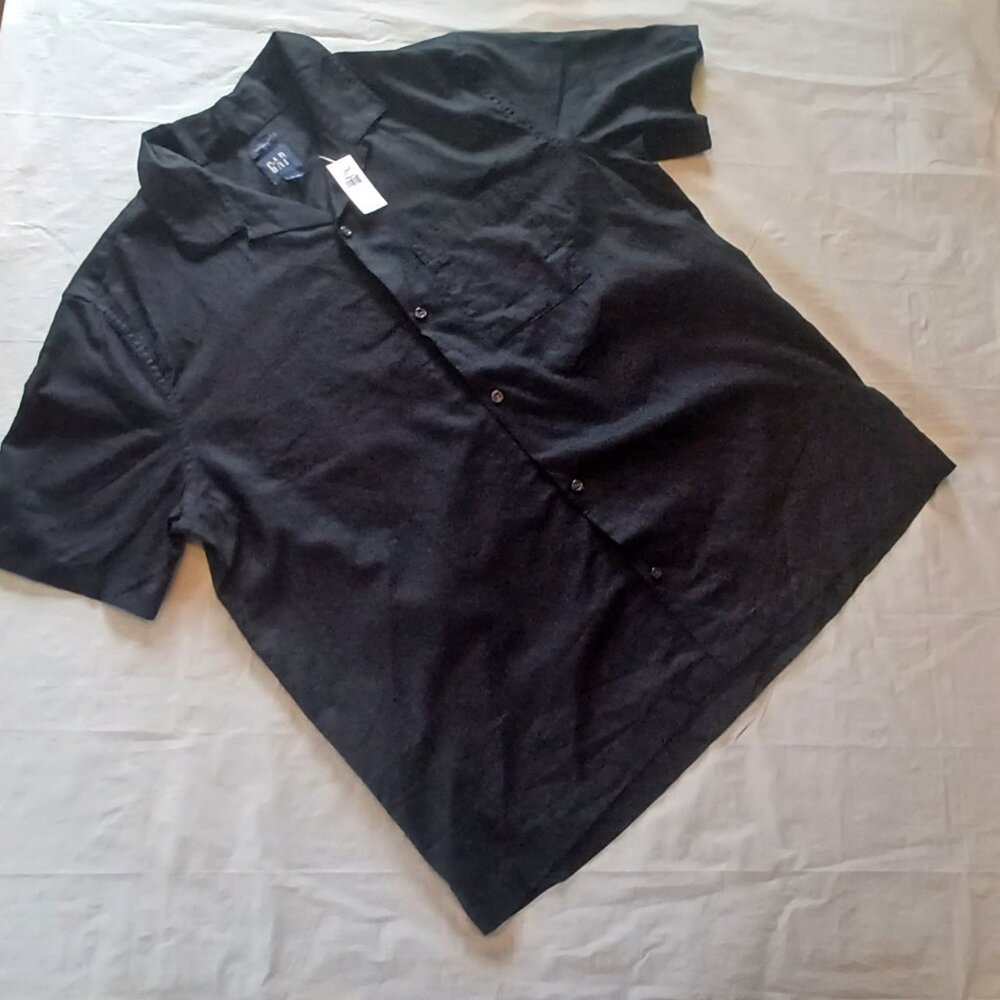 NWT GAP Mens Black L Cotton Blend Short Sleeve Button Down Collared Shirt - Picture 4 of 8